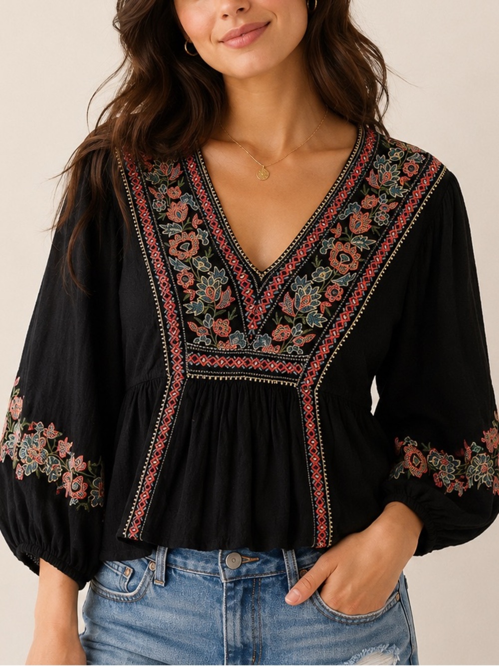 American Eagle Women Black Boho Embroidered 3/4 Sleeve Peasant Crop Blouse SZ XS